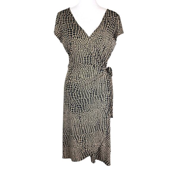DressBarn Brown Black Midi Vneck Wrap Short Sleeve Animal Giraffe Print Dress - Picture 1 of 12